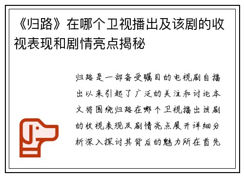 《归路》在哪个卫视播出及该剧的收视表现和剧情亮点揭秘