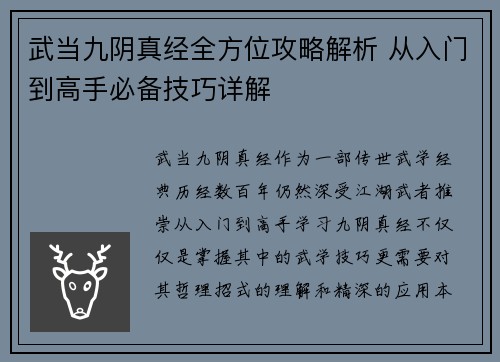 武当九阴真经全方位攻略解析 从入门到高手必备技巧详解